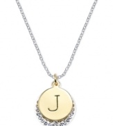 Letter perfection. This sterling silver necklace holds a pendant set in 14k gold and sterling silver platedtopped with a J and adorned with crystal for a stunning statement. Approximate length: 18 inches. Approximate drop: 7/8 inch. Approximate drop width: 5/8 inch.