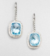 From the Noblesse Collection. A squared drop of faceted blue topaz, framed by sparkling diamonds, hangs from a cable of sterling silver. Diamonds, 0.42 tcw Blue topaz Sterling silver Drop, about ½ Ear wire Imported
