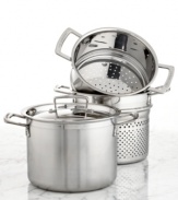 Prep your favorite pastas with this versatile set, which includes a covered multi-pot and steamer insert. The durable soup pot features a triple-layer design that sandwiches a pure aluminum core between two high-performance layers of stainless steel for quick, even heating. Lifetime warranty.