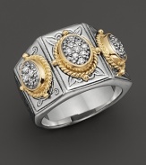 Brilliant pavé diamonds, framed by 18K gold and set in intricately detailed sterling silver. By Konstantino.
