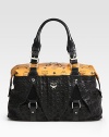 Soft Italian leather in a structured silhouette, with side snaps and iconic logo print. Double top handles, 7¼ dropDouble zip top closureOne open outside pocketProtective metal feetOne inside zip pocketTwo inside open pocketsSuede lining11W X 15H X 6DMade in Italy