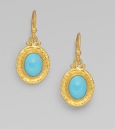 From the Bella Collection. Vibrant turquoise glows within a frame of subtly hammered 24k gold.Turquoise 24k gold Length, about 1 Ear wire Imported