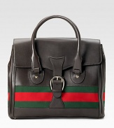 Leather duffel with signature web detail and light gold hardware. Flap and buckle closure with lock Double handles Detachable identification tag Bottom feet Interior zip, cellphone, PDA pockets 16¾W X 15½H X 8¼D Made in Italy