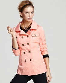 Boasting a classic silhouette in a vibrant hue, this lightweight Hurley double-breasted jacket is a chic addition to your spring portfolio. The removable hood makes this topper an all-weather must-have Boasting a classic silhouette in a vibrant hue, this lightweight Hurley double-breasted jacket is a chic addition to your spring portfolio. The removable hood makes this topper an all-weather must-have