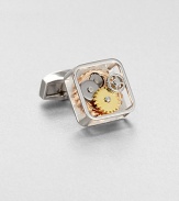 An evolution of the idea of motion and movement that are the Tateossian signature. Square frame gear cufflink is made up of varying sizes and multicolors of gears that rotate freely.Sold separatelyRhodium on brassEnamel trimMade in United Kingdom