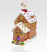 A scrumptious little house shines in handcrafted glittered glass adorned with a whimsical candy-cane pattern.Mouthblown, handpainted glass 5¼ high Made in Poland