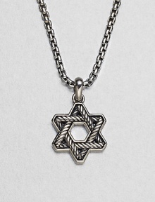 The familiar angles of the Star of David are intricately carved, set in polished sterling silver on a box-chain necklace.Sterling silverbulletNecklace, about 20 longPendant, about 1 wideLobster claspImported The familiar angles of the Star of David are intricately carved, set in polished sterling silver on a box-chain necklace.Sterling silverbulletNecklace, about 20 longPendant, about 1 wideLobster claspImported