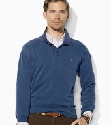 Crisp woven insets at the shawl collar lend a hint of rugged appeal to a timeless sweater in ribbed-knit cotton.