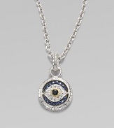 Textured links of sterling silver hold a protective evil eye charm, radiantly formed of white, blue and black sapphires with a touch of 18k gold. Sapphires Sterling silver and 18k yellow gold Chain length, about 17 Pendant diameter, about ½ Heart-shaped lobster clasp Made in USA