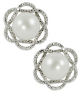 Elegance is always in season, just like this pair of sterling silver stud earrings. Cultured freshwater pearls (9-10 mm) and round-cut diamonds (1/10 ct. t.w.) give the pair of flower earrings a stylish touch. Approximate diameter: 5/8 inch.