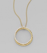 From the Crossover Collection. 18k yellow and white gold circle pendant with pavé diamonds and box chain necklace. Diamond accents, 0.39 tcw Lobster claw clasp 17 long Imported