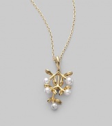 From the Olive Collection. A delicate bough of 18k gold, sprinkled with tiny white Akoya pearl olives on a graceful gold chain. 3.75mm-4.5mm white round cultured pearls Quality: A+ 18k yellow gold Chain length, about 18 Pendant drop, about 1¼ Spring ring clasp Imported