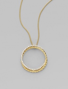 From the Crossover Collection. 18k yellow and white gold circle pendant with pavé diamonds and box chain necklace. Diamond accents, 0.39 tcw Lobster claw clasp 17 long Imported From the Crossover Collection. 18k yellow and white gold circle pendant with pavé diamonds and box chain necklace. Diamond accents, 0.39 tcw Lobster claw clasp 17 long Imported