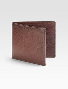 Calfskin leather billfold with embossed logo.One bill compartmentEight card slots4¼W x 3¾HMade in Italy Calfskin leather billfold with embossed logo.One bill compartmentEight card slots4¼W x 3¾HMade in Italy