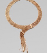Striking in its simplicity, a flat strand of golden mesh with a glowing rose gold finish ends in a cascade of delicate fringe with Swarovski crystal accents.Crystal Rose goldplatedNecklace length, about 15¾Fringe length, about 4Lobster claspMade in Italy