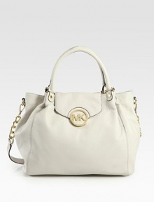 Soft pebble-grain leather in slouchy carryall with logo hardware and dual straps.Double top handles, 6 dropDetachable leather and chain shoulder strap, 15¼ dropFlap and snap closureOne inside zip pocketFour inside open pocketsFully lined12W X 11½H X 4½DImported Soft pebble-grain leather in slouchy carryall with logo hardware and dual straps.Double top handles, 6 dropDetachable leather and chain shoulder strap, 15¼ dropFlap and snap closureOne inside zip pocketFour inside open pocketsFully lined12W X 11½H X 4½DImported