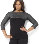 Lauren Ralph Lauren's luxuriously soft plus size sweater with a flattering bateau neckline is accented with a panel of interwoven Lurex at the chest and sleeves for a glamorous update.
