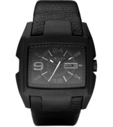 Superhero style in black on black, by Diesel. Black leather strap and rectangular black ion-plated stainless steel case. Black dial features applied numerals and stick indices, printed minute track, day and date window at three o'clock, luminous hands and logo. Quartz movement. Water resistant to 50 meters. Two-year limited warranty.
