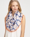 This fun design boasts a playful print and a contrast pom-pom border. Cotton/silkCircumference, about 70 Dry cleanImported