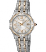Seiko's LeGrande Sport collection brings you a watch with perfectly married goldtone and silvertone elements. Two tone stainless steel bracelet and round case. Silvertone bezel with four goldtone lugs. Silvertone dial features logo, date window, goldtone hands, stick indices and Roman numerals at twelve, six and nine o'clock. Analog quartz movement. Water resistant to 50 meters. Three-year limited warranty.