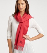 A luxurious cashmere style with an embroidered horse detail and pretty fringe. CashmereAbout 11¾ X 66Dry cleanImported 