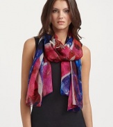 Sheer silk chiffon shawl with Union Jack image and a bold lettered message.About 54 X 78¾ Dry clean Made in Italy 