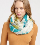 An artistic print with a bold, splatter pattern. 70% cashmere/30% silkAbout 36 X 80Dry cleanImported 