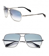 A sleek, masculine style with a stylish double bridge. Available in gold with chrome amber photo lens or silver with chrome sapphire photo lens. Rivet details100% UV protectionImported 