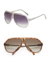 Vintage plastic aviators with Carrera logo on metal temple. Available in crystal white with grey lens, havanna gold-brown with brown gradient lens and crystal violet with violet lens. 100% UV protection Imported