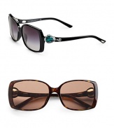Acetate square frames with lavish stone embellished temples inspired by the one-of-a-kind Bvlgari emerald earrings sold in 2010. Available in black with emerald colored stone and grey gradient lens or havana with citrine colored stone and brown lens.UV 400 lens Made in Italy 