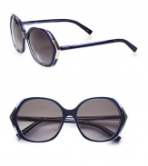 A signature style in handcrafted acetate with an all-over logo print and pretty metal accents. Available in black with grey gradient lens, havana with brown brown gradient lens or blue with smoke gradient lens. Logo temples100% UV protectionMade in Italy 