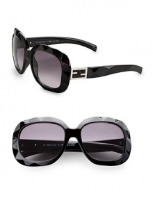 Modern faceted frames embellished with a gemstone logo temple. Available in black with grey gradient lens. 100% UV protection Made in Italy Modern faceted frames embellished with a gemstone logo temple. Available in black with grey gradient lens. 100% UV protection Made in Italy