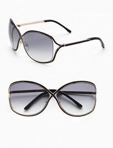 Metal crossover butterfly shaped frame enhanced with enamel insert. Available in shiny rose gold with black enamel and grey gradient lens.100% UV protection Made in Italy Metal crossover butterfly shaped frame enhanced with enamel insert. Available in shiny rose gold with black enamel and grey gradient lens.100% UV protection Made in Italy
