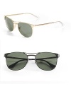 First introduced in 1968, these eye-catching metal frames have etched horizontal bands that add texture and style. Availabe in arista with green lens or gunmetal with green lens. Signature logo at temple UV 400 lens 100% UV protection Made in Italy 