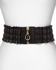 This ruched, quilted leather belt contours your waist in luxury, while gold tone zip closure adds modern appeal. By Cole Haan. This ruched, quilted leather belt contours your waist in luxury, while gold tone zip closure adds modern appeal. By Cole Haan.