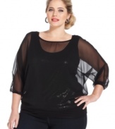 A sheer winner: Grace Elements' layered look plus size top, featuring a sequined inset-- it's party-perfect!