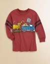 Construction equipment and little boys just go together, so delight your young man with this bright and bold tee that asks What's the scoop?, perfect for digging in the sandbox.Ribbed crewneckLong sleeves with ribbed cuffss and screened tire tracksFront screened designCottonMachine washImported