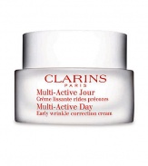 Early Correction. Continuous Protection. Visible Perfection. Multi-Active Day is the newest innovation from Clarins high performance skin care with new formulas and textures that prevent and visibly correct early signs of aging.Powerful and targeted early wrinkle control Reinforced and continuous antioxidant defense delivered directly to the skin Radiance boosting action Dermal-epidermal junction repair Dermatologist tested Non-comedogenic 1.7 oz. 