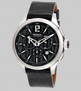 A sleek timepiece designed with renowned Swiss precision in stainless steel with an applied grate and textured leather strap. Round bezel Quartz movement Three-eye chronograph functionality Water resistant Date function at 4 o'clock Second hand Stainless steel case: 44mm (1.73) Textured leather strap Deployment clasp Made in Switzerland 