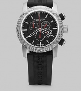 A classic chronograph design crafted with expert Swiss precision and a textured stainless steel bezel. Second hand Date display at 4 o'clock Round case, 44mm, 1.73 Rubber logo strap, 24mm, 0.94 Water resistant to 10 ATM Swiss quartz chronograph movement Imported 