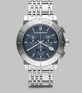 A polished, stainless design on a check inspired bracelet, crafted with precision Swiss detail and a three-eye chronograph detail.Water resistant to 10 ATMDate function at 4 o'clockQuartz movementSecond handCase, about 42mmStrap, about 22mmMade in Switzerland