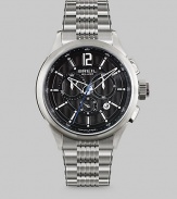 The timeless chronograph design with a contemporary finish, crafted in stainless steel with a three-eye design and link bracelet. Silver dial with applied grate Anti-reflective glass Stainless steel case and band Second hand Water-resistant to 10 ATM Date display at 4 o'clock Round case, 40mm, 1.73 Swiss quartz movement Deployment buckle Imported 