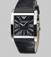A sophisticated timepiece fit for work and weekend in solid stainless steel with a smooth leather strap. Quartz movement Water-resistant to 3ATM Stainless steel case, 36mm, 1.41 Leather strap, 28mm wide, 1.10 Sapphire crystal Black dial Roman numeral markers Deployment clasp Imported 