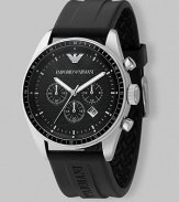 Sporty and handsome at once with a black chronograph dial and easy rubber strap. Water resistant to 5 ATM Date function at 4:30 Second hand Stainless steel case: 43mm Imported