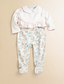 The softness of pima cotton and the sweetness of flowers and ruffles are perfect for bringing baby home in style. Cardigan V-neckLong sleeves with scalloped trimWrap front with ribbon tieRuffled hem Footie Ruffled crewneckLong sleevesBack snapsBottom snapsCottonMachine washImported Please note: Number of snaps may vary depending on size ordered. The softness of pima cotton and the sweetness of flowers and ruffles are perfect for bringing baby home in style. Cardigan V-neckLong sleeves with scalloped trimWrap front with ribbon tieRuffled hem Footie Ruffled crewneckLong sleevesBack snapsBottom snapsCottonMachine washImported Please note: Number of snaps may vary depending on size ordered.