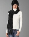 EXCLUSIVELY SAKS. Soft and fluffy sheared textile knit rabbit fur is just right for the season. 5½ x 61 without fringe 6½ fringe Specialist dry clean Imported Fur origin: China