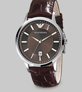 Sleek and slim in polished stainless steel with a textured dial and croco-leather strap. Second hand Date display at 6 o'clock Round case, 43mm, 1.69 Croco leather strap, 22mm, 0.87 Water resistant to 5 ATM Quartz movement Imported 