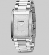 A sleek design with a mastery of the everyday in stainless steel with a curved bracelet. Rectangle bezel Quartz movement Water resistant to 5 ATM Second hand Stainless steel case: 31mm (1.22) Stainless steel bracelet: 23mm (0.90) Deployment clasp Imported 