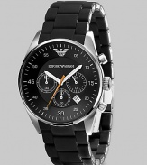 A timeless look with a modern touch, designed in solid stainless steel with three-eye chronograph functionality and a silicon-wrapped bracelet Quartz movement Water-resistant to 5ATM/50m Stainless steel case, 43mm, 1.69 Silicon bracelet, 23mm wide, .91 Black dial Date display Imported 