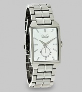 Sleek and sophisticated, a dramatic timepiece with a bold face and a stainless steel bracelet.Square bezelQuartz movementWater resistant to 5 ATMSecond indicatorStainless steel case, 31mm (1.2) X 50mm (2.0)Silver dialImported
